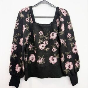 Anthropologie Puff Sleeve Cozy Square Neck Sweater Black Floral Size Medium